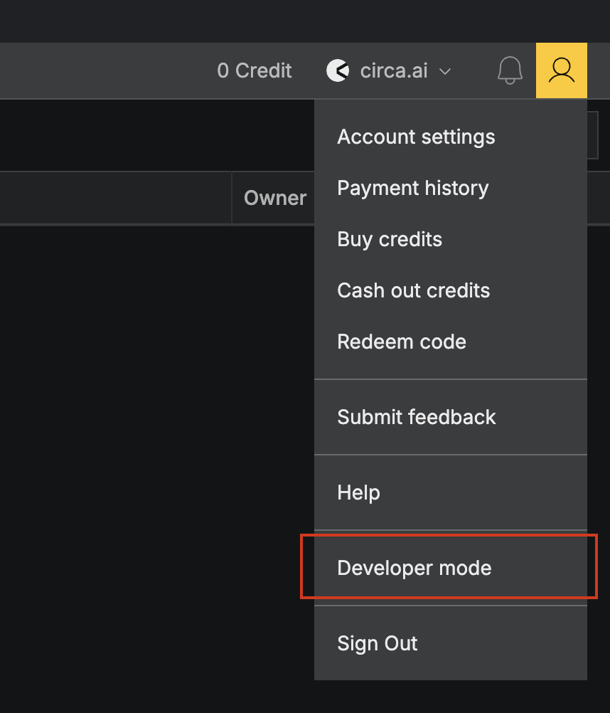 Profile dropdown in the app navbar with 'Developer mode' highlighted.