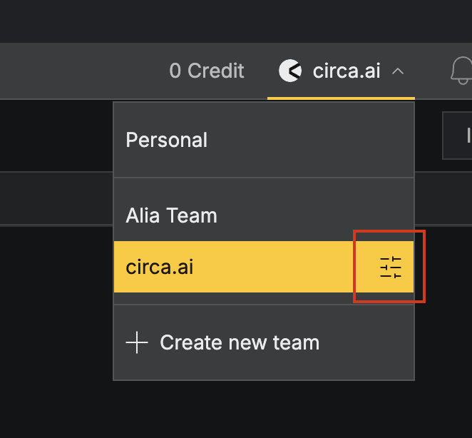 Team selector dropdown with the settings icon next to a team highlighted.