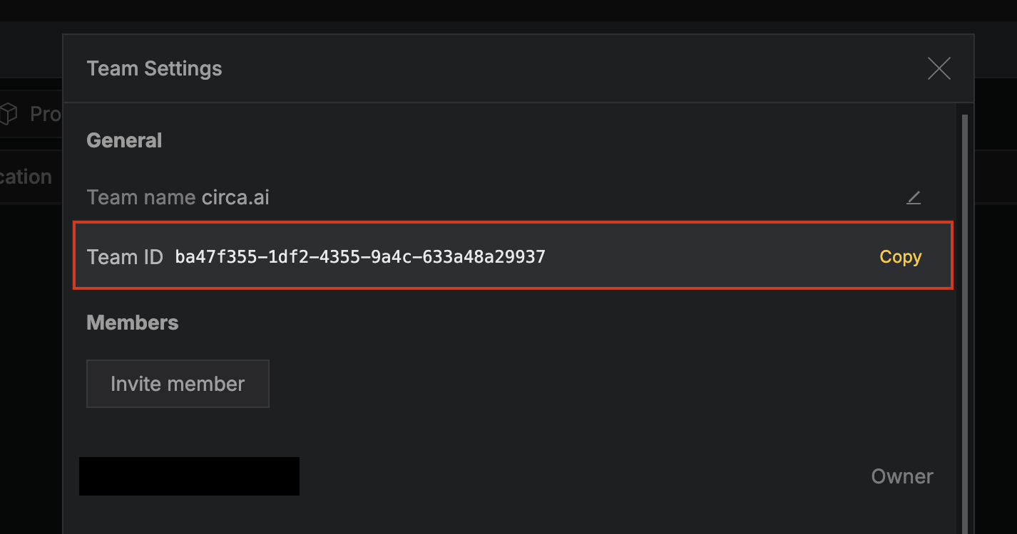 Team Settings dialog with the Team ID row and Copy button highlighted.